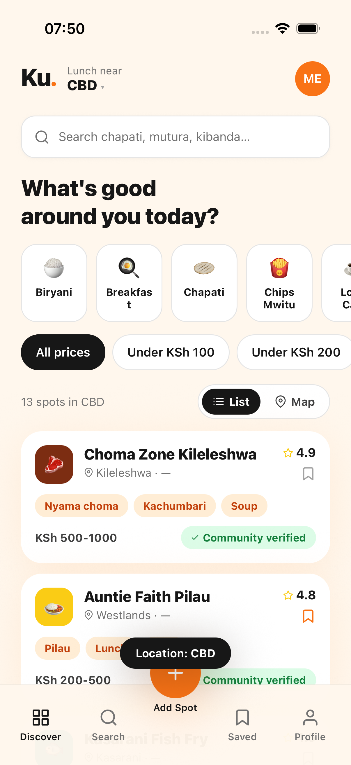 KulaTu Discover screen with nearby food spots