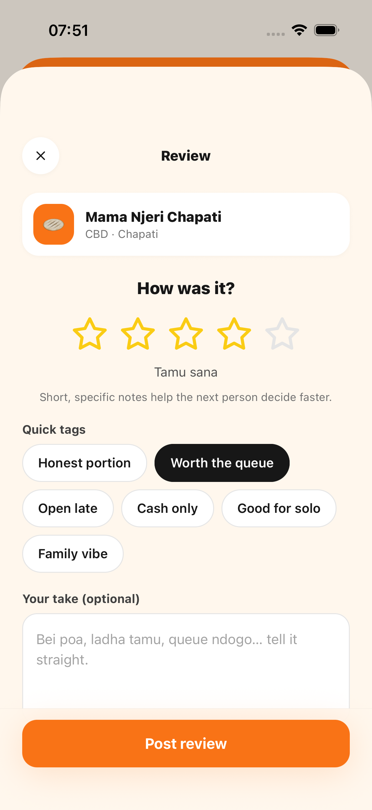 KulaTu screen for writing a review